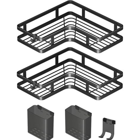 Ensemble de deux étagères d'angle pour douche - avec 4 crochets - installation sans perçage - étagère de rangement pour salle de bain - convient aux salles de douche et salles de bain - noir (1/5)