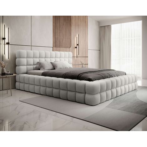 Bestmobilier – Lit coffre 160x200 cm avec sommier inclus – Tissu bouclette blanc – Coffre de rangement intégré – Structure en panneaux de particules (1/5)