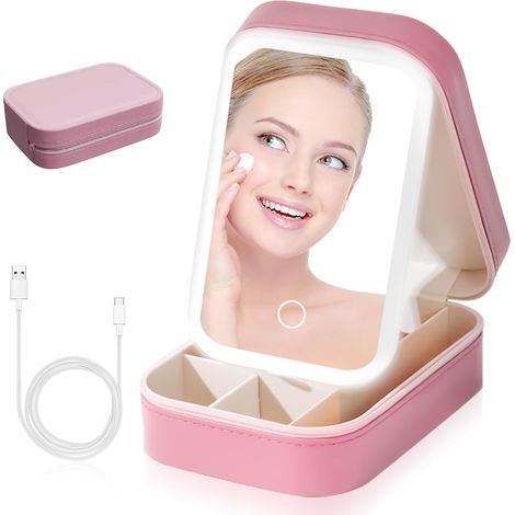 Éclairage LED réglable sur 3 couleurs - Trousse de maquillage avec miroir lumineux LED - Organisateur de cosmétiques et rangement pour bijoux étanche - Étui compact en cuir PU (1/4)
