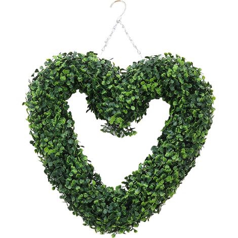 Corona de boj en forma de corazón – 42 cm (16,5 pulgadas), follaje artificial, para bodas o puertas.