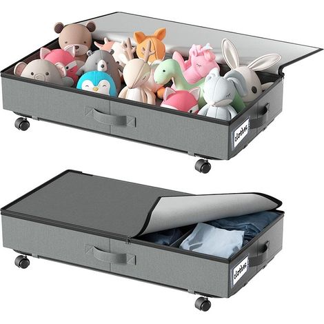 Coffre de rangement à roulettes sous le lit, grande capacité 75 L, pliable en tissu avec housse, gris transparent, lot de 2. (1/5)