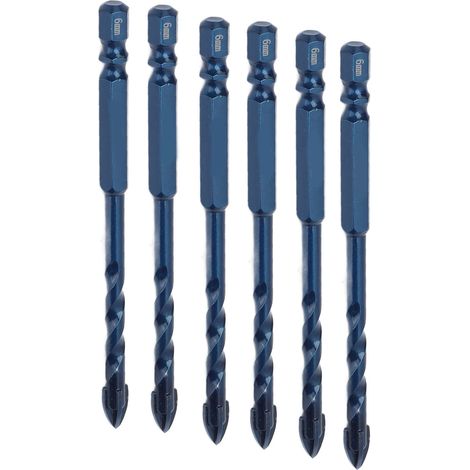 Lot de 10 forets à tête cruciforme avec pointe en carbure, queue hexagonale de 6 mm (1/4 pouce), adaptés à la céramique, au marbre et au verre, bleu foncé, diamètre de perçage de 6 mm. (1/5)