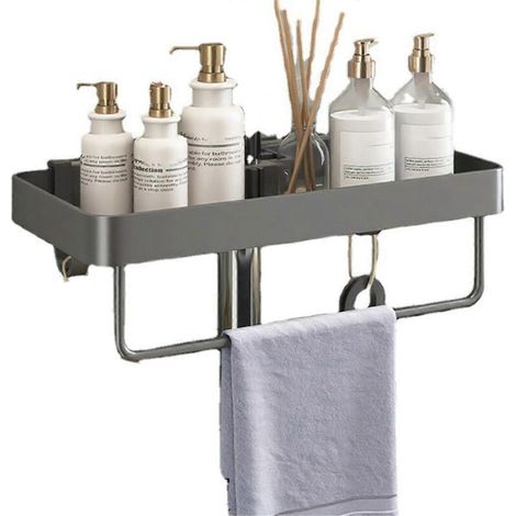 Étagère de douche en aluminium avec porte-serviettes, étagère de rangement de salle de bain sans perçage, étagère pour shampoing et gel douche
