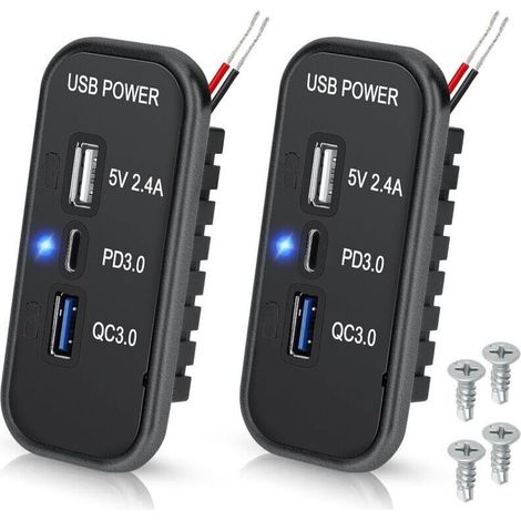 Prise USB 12 V, port USB-C PD3.0, chargeur QC3.0 et port USB-A 2,4 A, panneau de charge rapide 3 ports pour voiture/bateau - 2 pièces