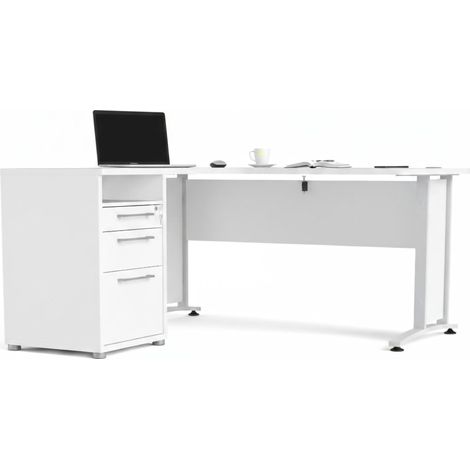 Dmora - Schreibtisch Aimee, Mehrzweckschreibtisch, Bürotisch für PC, Eckschreibtisch, 159x151 h75 cm, Weiß
