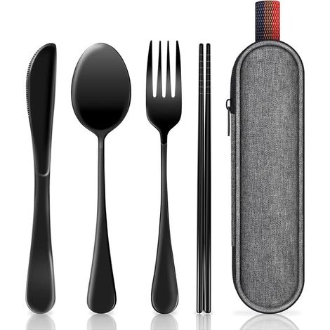 Ensemble de couverts en acier inoxydable (à l'unité), couverts de voyage portables avec boîte de rangement, kit de camping 4 pièces, réutilisable, pour les déjeuners au travail, noir. (1/5)