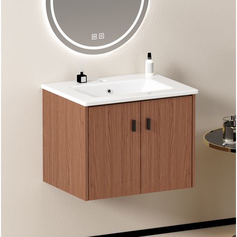 Meuble lave-mains en MDF et céramique brun rougeâtre 60 cm avec 2 portes à fermeture douce (1/5)