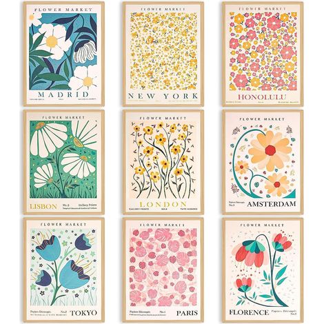 Lot de 9 Posters Floraux élégants，Flower Market Poster Vintage Poster Tableaux Posters Et Arts Décoratifs avec Motif Floral Et Marché Décoration Murale pour Salon (20 x 30 cm Sans Cadre) (1/5)