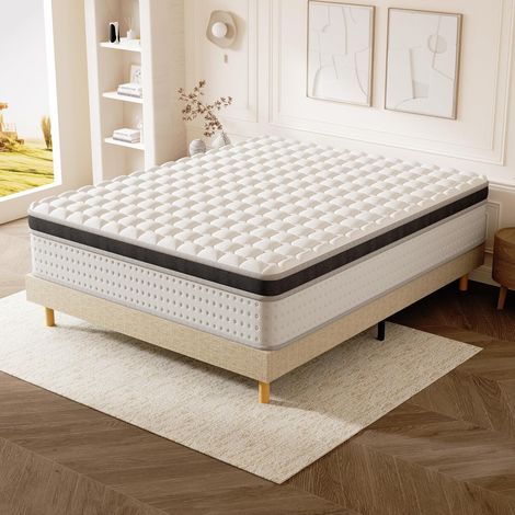 DEWINNER Ensemble lit 140×190 cm, Sommier tapissier Beige à 9 Pieds + Matelas Blanc 25 cm à Mousse à mémoire et Ressorts ensachés, Fermeté Moyenne, Certifié Oeko‑TEX, Silencieux (1/5)