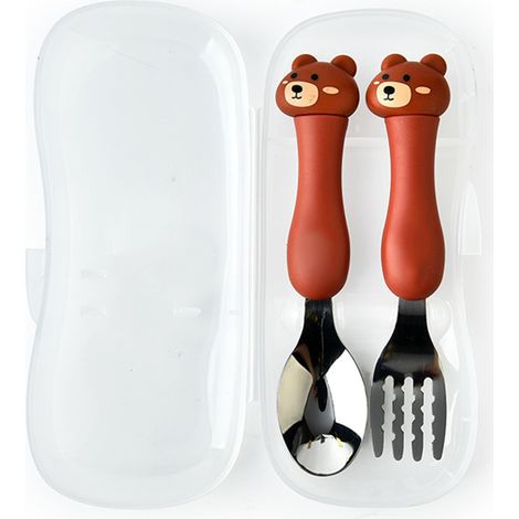 Cuillère-fourchette bébé en plastique avec manche en acier inoxydable, couverts pour l'apprentissage alimentaire des enfants, motif ours (marron) (1/3)