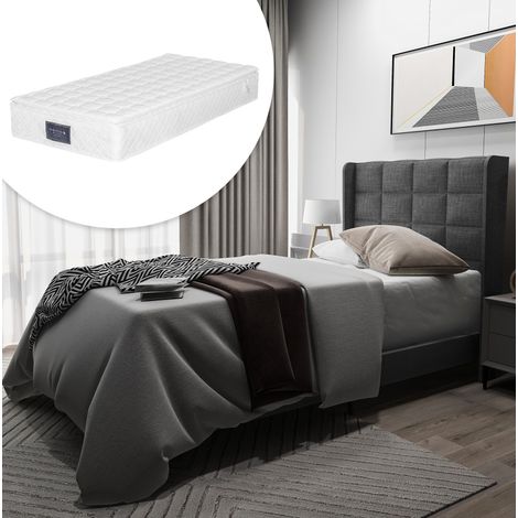 Cama tapizada de lino gris 90x200 cm con cabecero acolchado, somier de láminas y colchón de muelles ensacados (1/5)