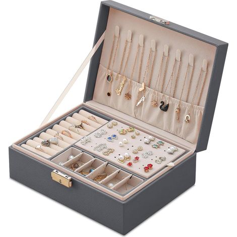 Boîte À Bijoux - Cuir Synthétique - 2 Niveaux - Compartiments Organisés Pour Boucles D'oreilles Colliers Bagues Montres - Portable Voyage - Gris - 1 Pièce (1/5)