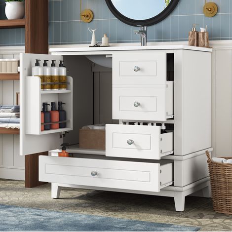 Freistehender Waschtischunterschrank (81 x 47 x 86 cm), mit 3 Schubladen, Soft-Close-Tür, Keramikbecken, MDF, Weiß (1/5)