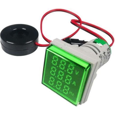 22mm AC Current Voltage Tester, AC 50-500V/0-100A/0-99Hz Voltmeter Ammeter Frequency Meter with 3-Digit LED Display Multifunction Multimeter Panel (Green, Square) (1/4)