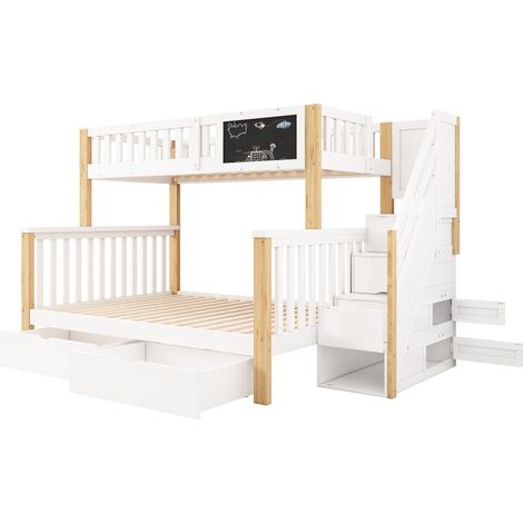 Letto a castello per bambini con lavagna e cassetti, bianco e rovere chiaro, 90x200 + 140x200 (1/5)
