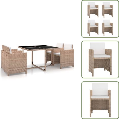5-tlg. Garten-Essgruppe mit Auflagen Poly Rattan Beige - Gartenmöbel - Esstisch - Esszimmergarnitur - Rattan Möbel - Outdoor Küche (1/5)