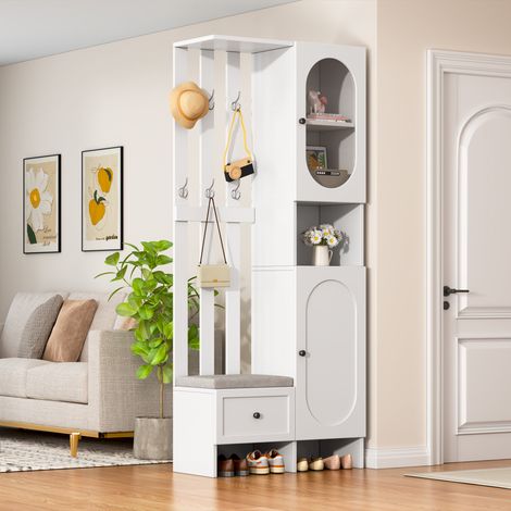 Ensemble d'entrée blanc avec armoire compacte 85x33.5x200 cm, meuble de rangement en verre trempé, 2 placards, porte-manteaux avec banc rembourré et étagère à chaussures