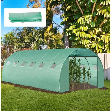 MODFU – Lona para invernadero 600x300x200 cm de plástico con 24 ventanas enrollables, puerta con cremallera, dobladillo de 15 cm para enterrar y tiras autoadhesivas – Verde (1/5)