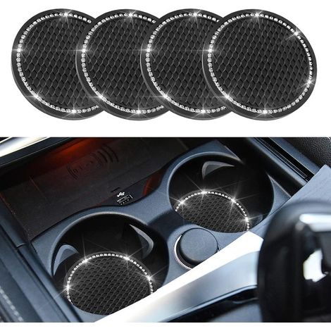 4Pcs Rhinestone Car Coasters Anti-Slip Silicone Cup Holder Mats for Car Interior Accessories (Black) (1/5)