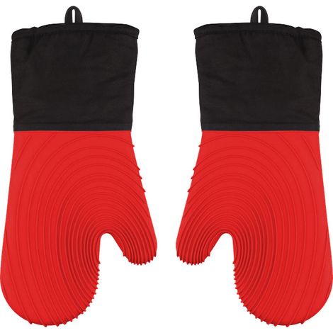 Guantes de silicona para horno: guantes de horno extendidos con forro suave, sin BPA, fáciles de limpiar y flexibles. Juego de guantes de horno para cocinar, hornear y asar a la parrilla (rojos). (1/5)