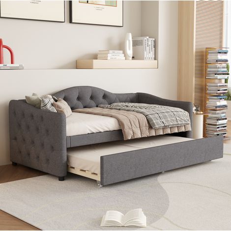 Bett Tagesbett platzsparend 90x200 Leinen Grau OKMYHOME (1/5)
