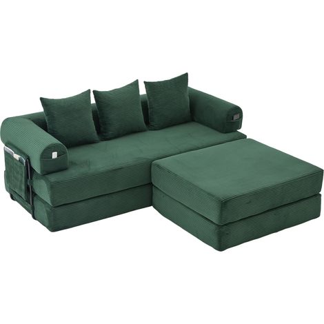 Canapé modulable en velours côtelé vert émeraude, avec pouf, 3 coussins, poche latérale, structure métal et montage sans outil, idéal petits espaces CHICFURN (1/5)