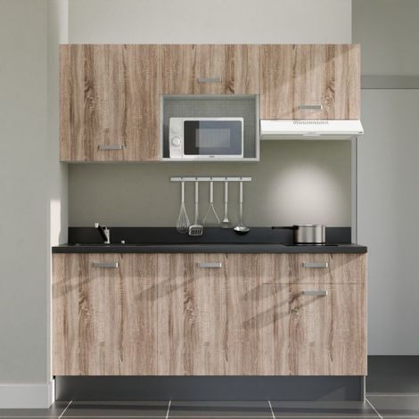 Kitchenette K30L - 180 cm - plan monobloc évier intégré Nero- évier à gauche - Façades Bois + Electroménager inclus coloris Blanc (1/5)