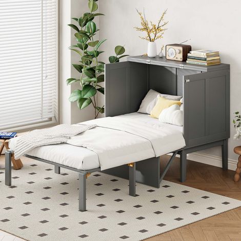 Lit escamotable 90x200 cm avec sommier à lattes, lit mural rabattable vertical, lit armoire gain de place, lit modulable avec rangement, gris (1/5)