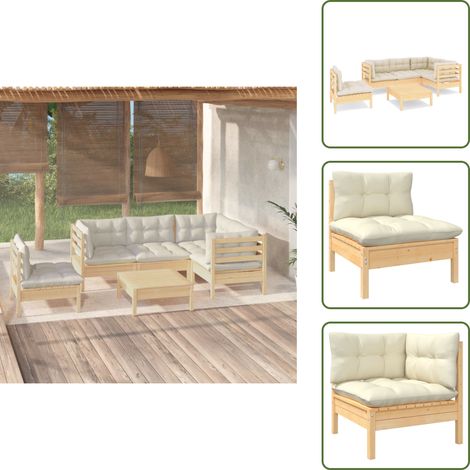 6-tlg. Garten-Lounge-Set mit Creme Kissen Kiefernholz - Garten Lounge Set - Kiefernholz Möbel - Outdoor Möbel - Loungemöbel - Gartenmöbel (1/5)
