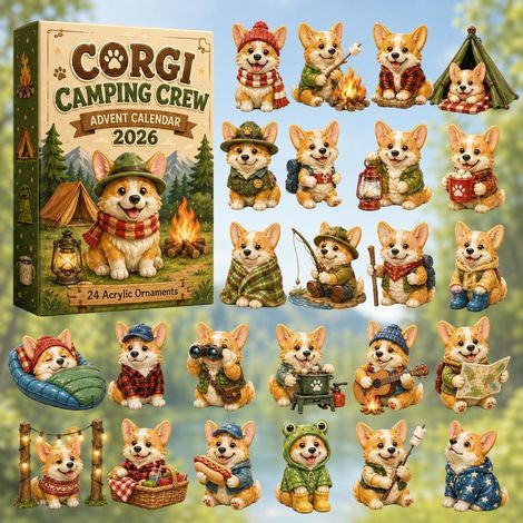 Corgi beim Camping Adventskalender 2026 2D Überraschungsbox