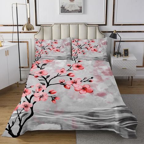 Couvre-Lit 240x220 Sakura Dessus de Lit Vintage Floral Couverture de Lit Femmes,Filles Style Japonais Couette Plante Sakura 2 Taies d'oreiller,Rose Gris (1/4)