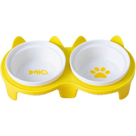 Gamelles en céramique pour chat, double gamelle pour nourriture et eau, gamelles surélevées en céramique avec support en plastique - Jaune (1/5)
