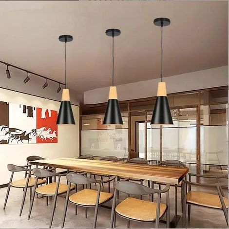 Lot de 3 Lustre Industriel Créatif Noir Suspension Moderne en Métal Bois Lampe de Plafonde Luminaire Vintage Style Norique (1/4)