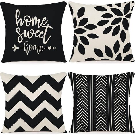 Lot de 4 housses de coussin en lin, 45 x 45 cm, housses de coussin décoratives pour canapé, conviennent aux chambres, canapés, chaises, lits, etc., noir. (1/5)