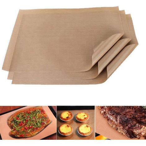 Juego de 3 láminas de teflón para hornear, 40 x 60 cm, reutilizables, antiadherentes, recortables, lavables y resistentes al calor hasta 220 °C, aptas para horno, parrilla y barbacoa. (1/5)