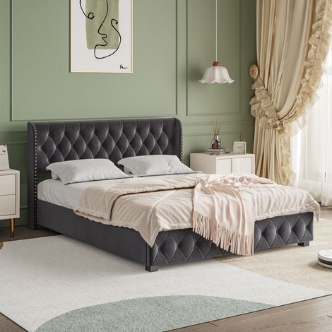 Lit coffre 140x190, lit 140x190 avec sommier, lit deux place avec rangement sous le sommier et vérins à gaz, tête de lit capitonnée avec clous décoratifs, Gris anthracite (1/5)