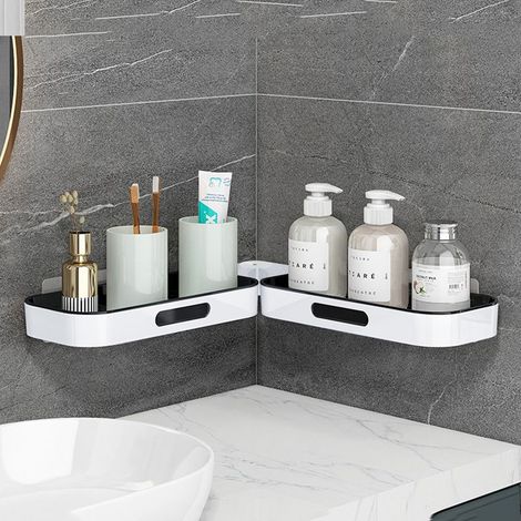 Étagère d’angle murale rotative sans perçage, rangement en plastique pour salle de bain, organiseur gain de place pour cosmétiques, maquillage et produits de soin, idéal petits espaces (1/5)