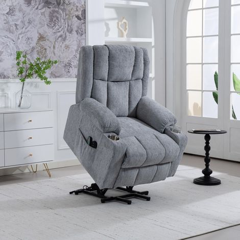 Fauteuil releveur électrique 8205 avec assistance levage, massage et chaleur, repose-pieds intégré, poches latérales et porte-gobelet, siège senior gris clair (1/5)