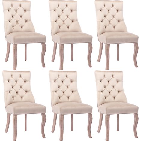 Set di 6 sedie da pranzo in velluto beige con schienale alto capitonné e struttura in legno (1/5)