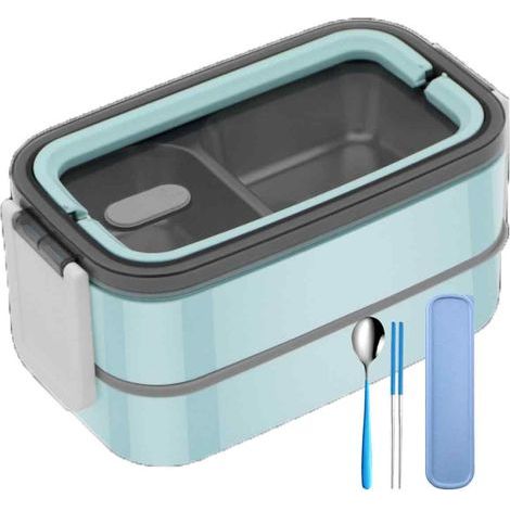 boîte à lunch isotherme,304Boîte à lunch portable bleue en acier inoxydable à 3 compartiments + cuillère et baguettes (1/5)