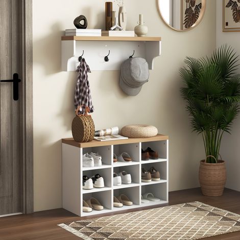Recibidor con Perchero y Banco Zapatero Muebles de Entrada con 3 Ganchos y Estantes para 9 Pares de Zapatos Blanco (1/5)