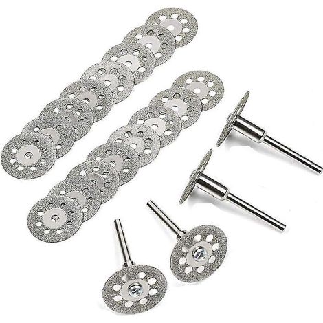 Disques de coupe diamantés, lot de 20 mini disques de 22 mm avec 4 mandrins pour outils rotatifs Dremel, pour la découpe du verre et des pierres précieuses. (1/5)