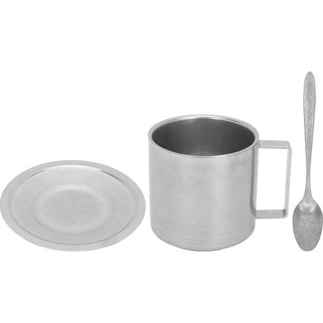 Isolierter Kaffeebecher aus Edelstahl 304 mit Untertasse und Löffel – 280 ml – für Zuhause, Büro und Camping (1/5)