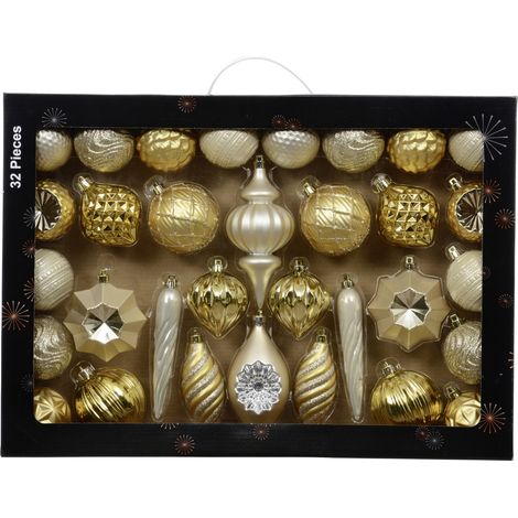 Decoris Weihnachtskugeln-Set aus Kunststoff hellgold 32-teilig