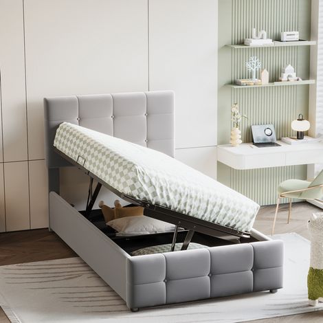 Cama infantil tapizada de terciopelo gris 90x200 cm con almacenaje hidráulico y cabecero ajustable (1/5)