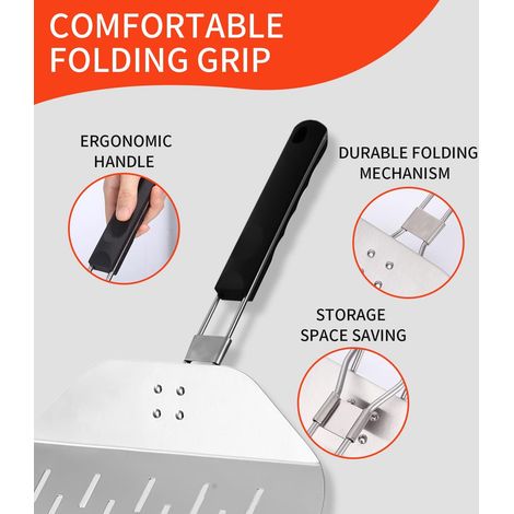 Pala per pizza forata in acciaio inox, pala per pizza forata professionale 30 x 29 cm, ampia superficie di appoggio, con manico pieghevole per forno e barbecue per cuocere pizze, pane, più stabile (1/3)