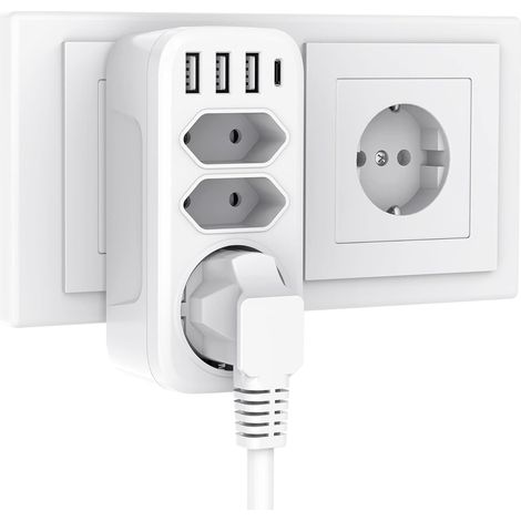 Prise USB, 3 prises avec 3 ports USB et 1 port Type-C, adaptateur de prise 7 en 1, adaptateur de prise murale (blanc), (1/5)