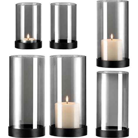 Relaxdays Windlicht 6er Set, Rauchglas mit Metallbasis, 3 Größen, für Stumpenkerzen & Teelichte, Tischdeko, grau/schwarz (1/5)