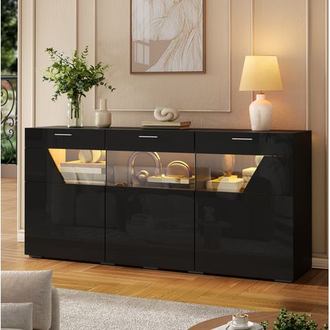 Buffet à 3 portes avec éclairage LED pilotable par application, panneau de particules, 160x38x78 cm, noir brillant (1/5)