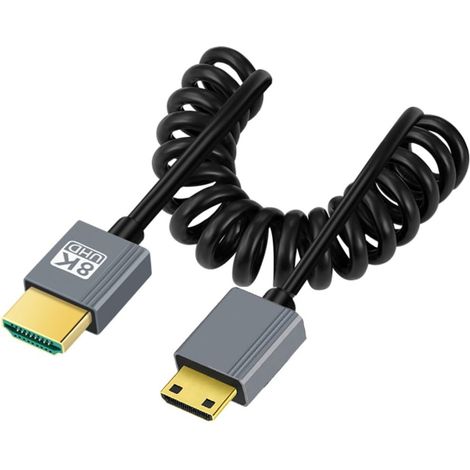 Câble spiralé HDMI 2.1, HDMI mâle vers mini HDMI mâle 8K @ 60 Hz 4K @ 120 Hz 48 Gbps Câble plaqué or ultra rapide 1,0 m pour téléviseur, moniteur, ordinateur (1/5)